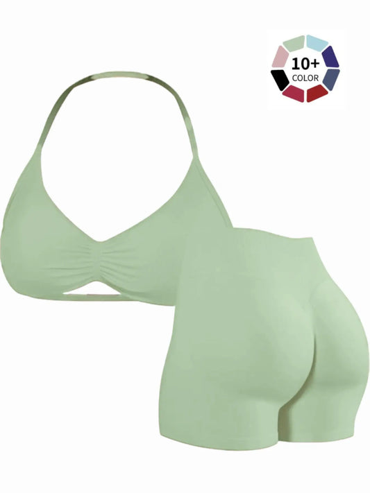 Women'S Two-Piece Set, Solid Color Halter Top & High Waist Shorts, Sporty Breathable Quick-Dry for Yoga Gym Workout Running